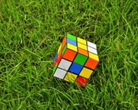 Rubik's cube posé sur l'herbe