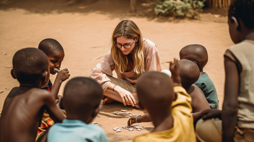 Une femme jouant avec des enfants africains.